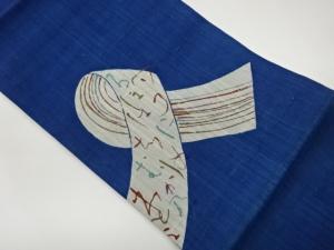 手織り紬手描き金彩巻物にいろは歌模様名古屋帯